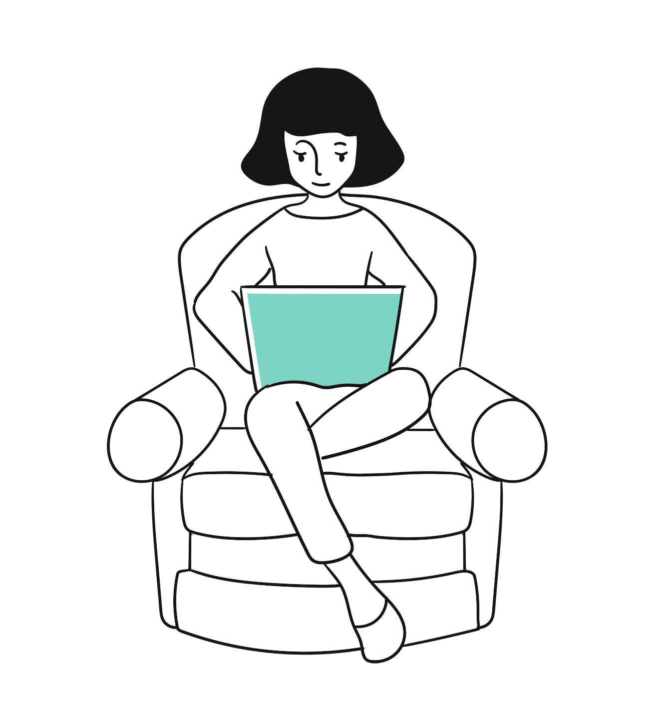 Une femme assise sur une chaise avec un ordinateur portable bleu, concentrée sur son travail.