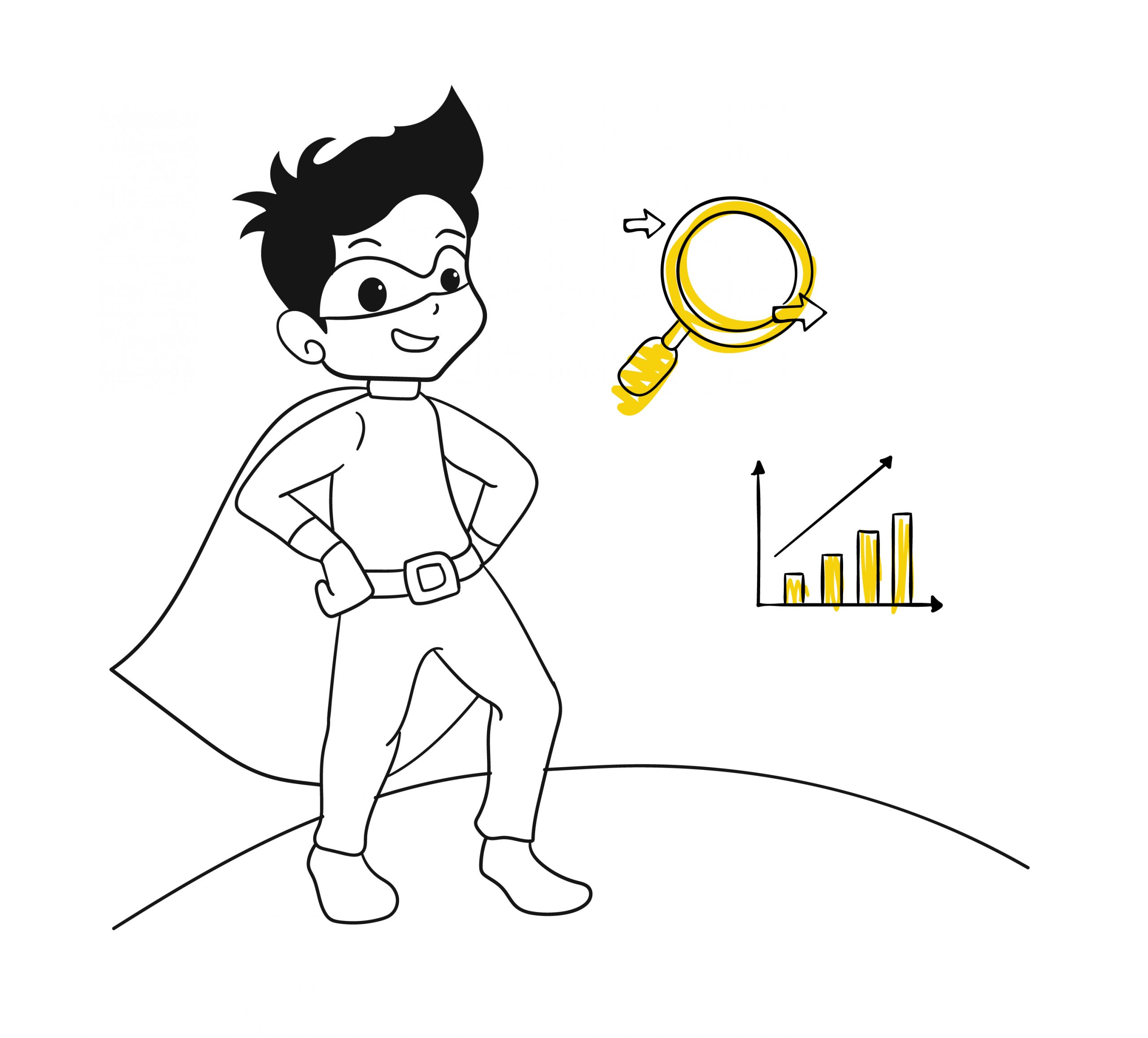 A cartoon boy in a superhero costume, with a magnifying glass, ready to solve mysteries
