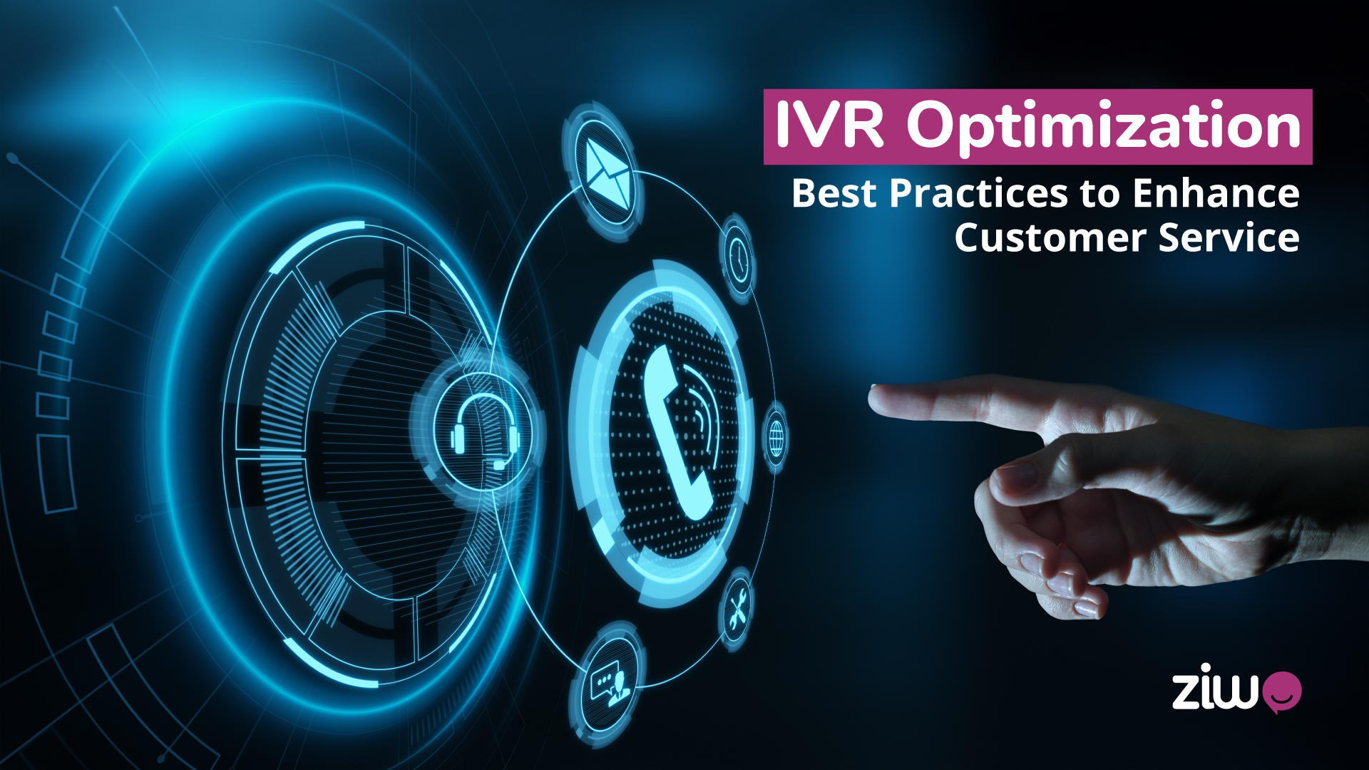 A hand pointing towards a phone logo, representing best practices for optimizing IVR outbound calls to enhance customer service