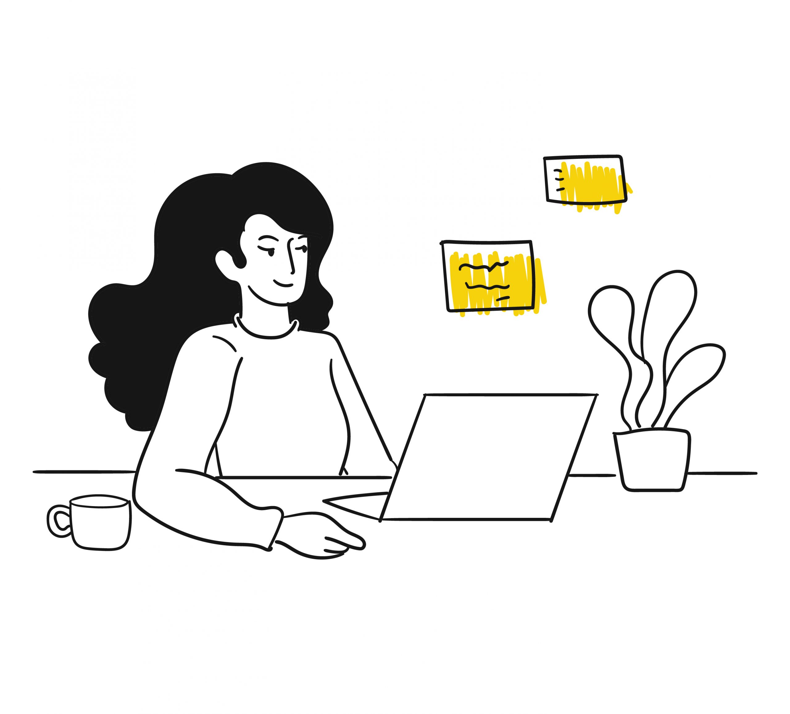 A woman focused on her laptop, surrounded by a yellow sticky note, engrossed in her work.
