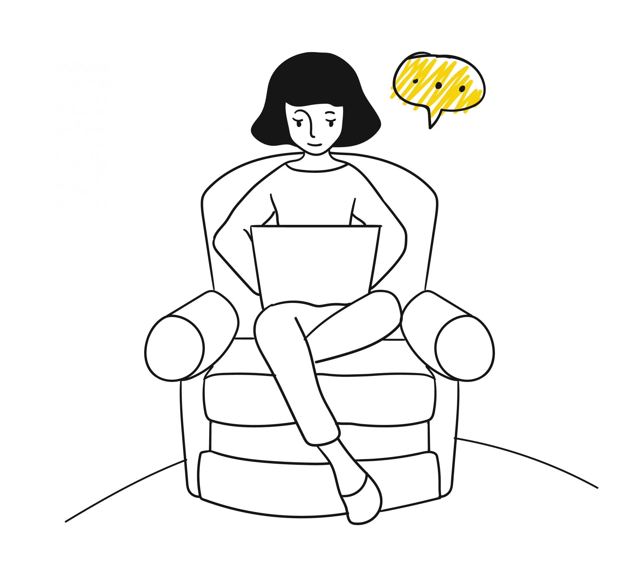 Une femme assise sur une chaise avec un ordinateur portable, concentrée sur son travail.