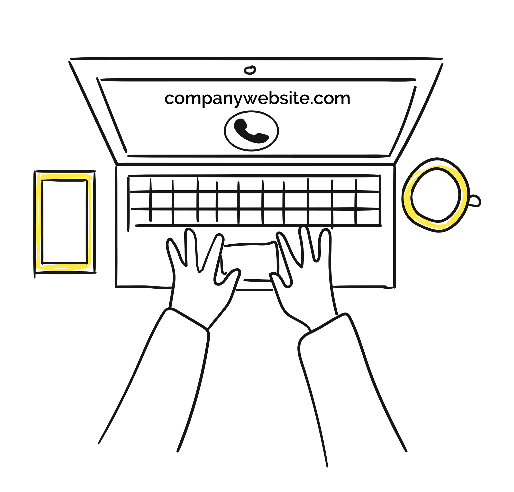 A sketch of a hand using a laptop to design a company website.