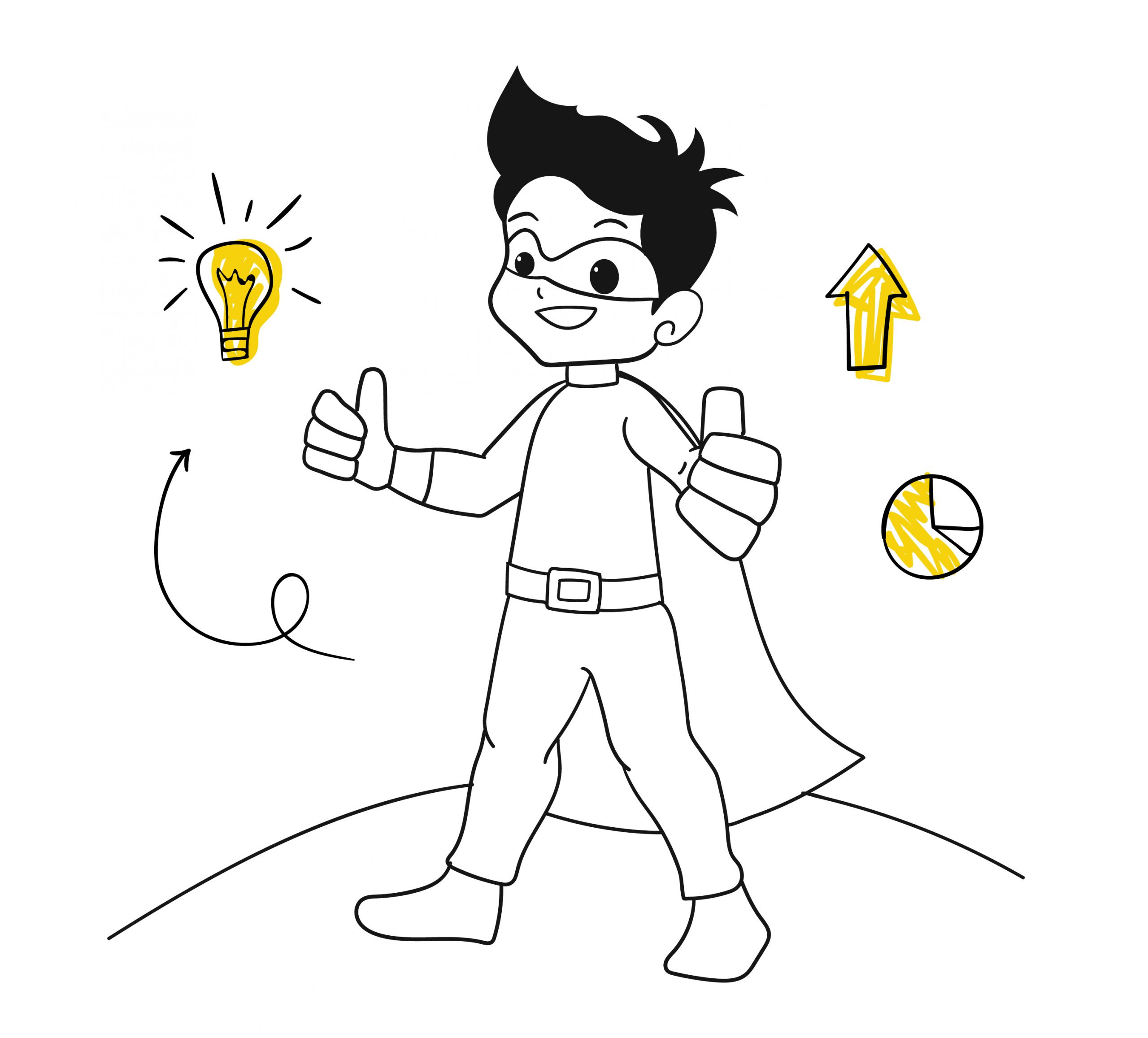 A cartoon boy in a superhero costume, with a background featuring a bulb arrow and graph.