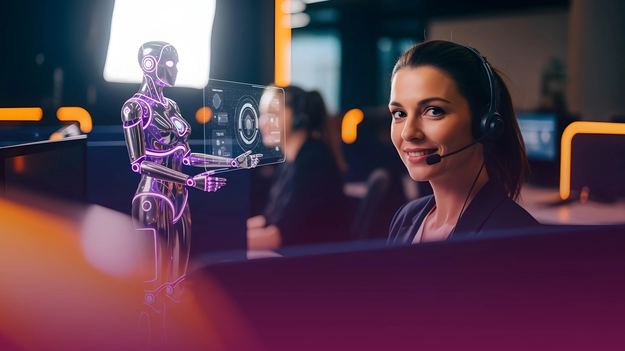Illustration of human customer service agent collaborating with an AI assistant to resolve complex customer issues.