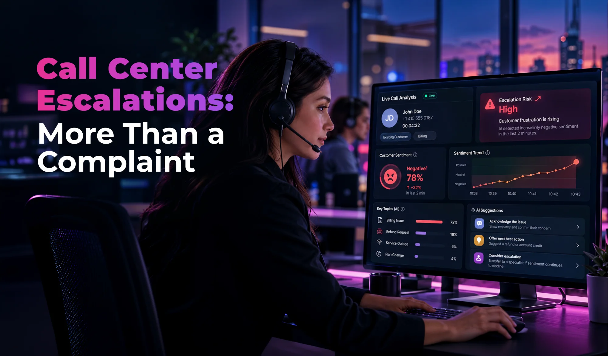 Contact center agent reviewing a live call analysis dashboard showing rising customer frustration and a high escalation risk alert.