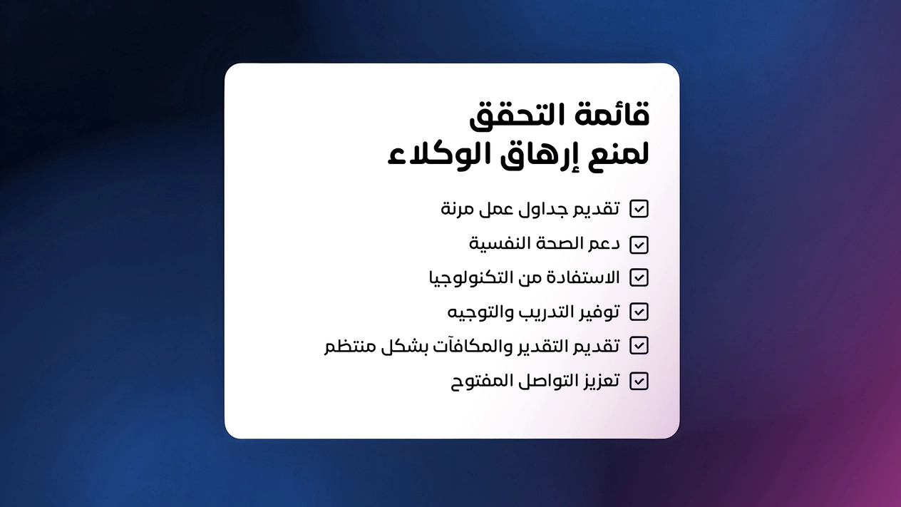 قائمة تحقق مصوّرة توضح ست استراتيجيات أساسية لمنع إرهاق موظفي مراكز الاتصال، وتشمل المرونة، دعم الصحة النفسية، استخدام التكنولوجيا، تطوير المسار المهني، الثقافة الإيجابية، والتواصل المفتوح.