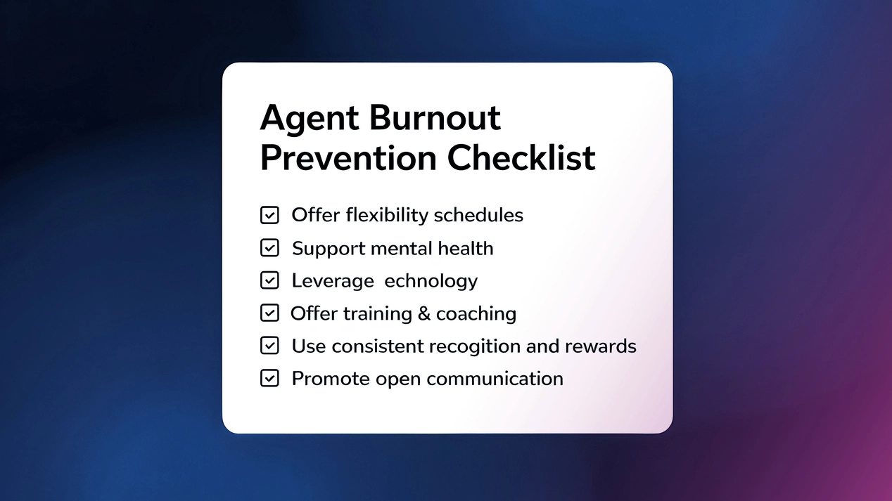 Illustrated checklist showing six core strategies for preventing call center agent burnout, including flexibility, mental health support, technology use, career development, positive culture, and open communication.