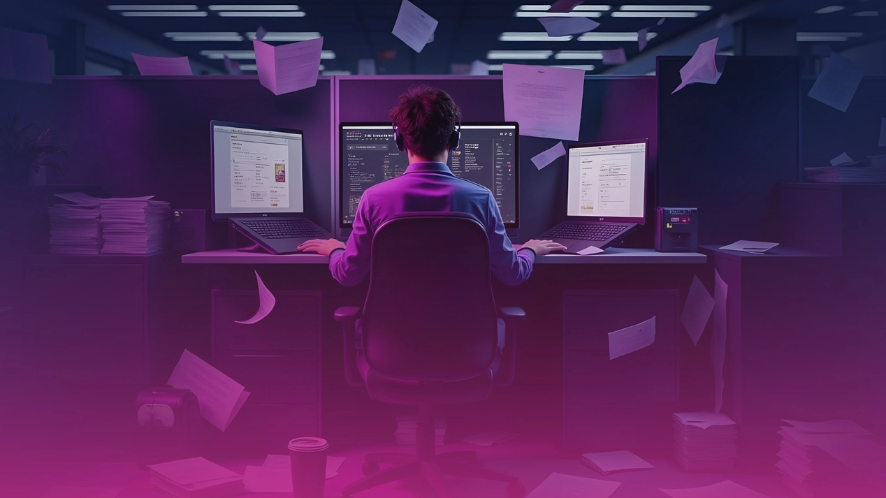 An image of a stressed Call center agent with piles of papers and laptops around him.