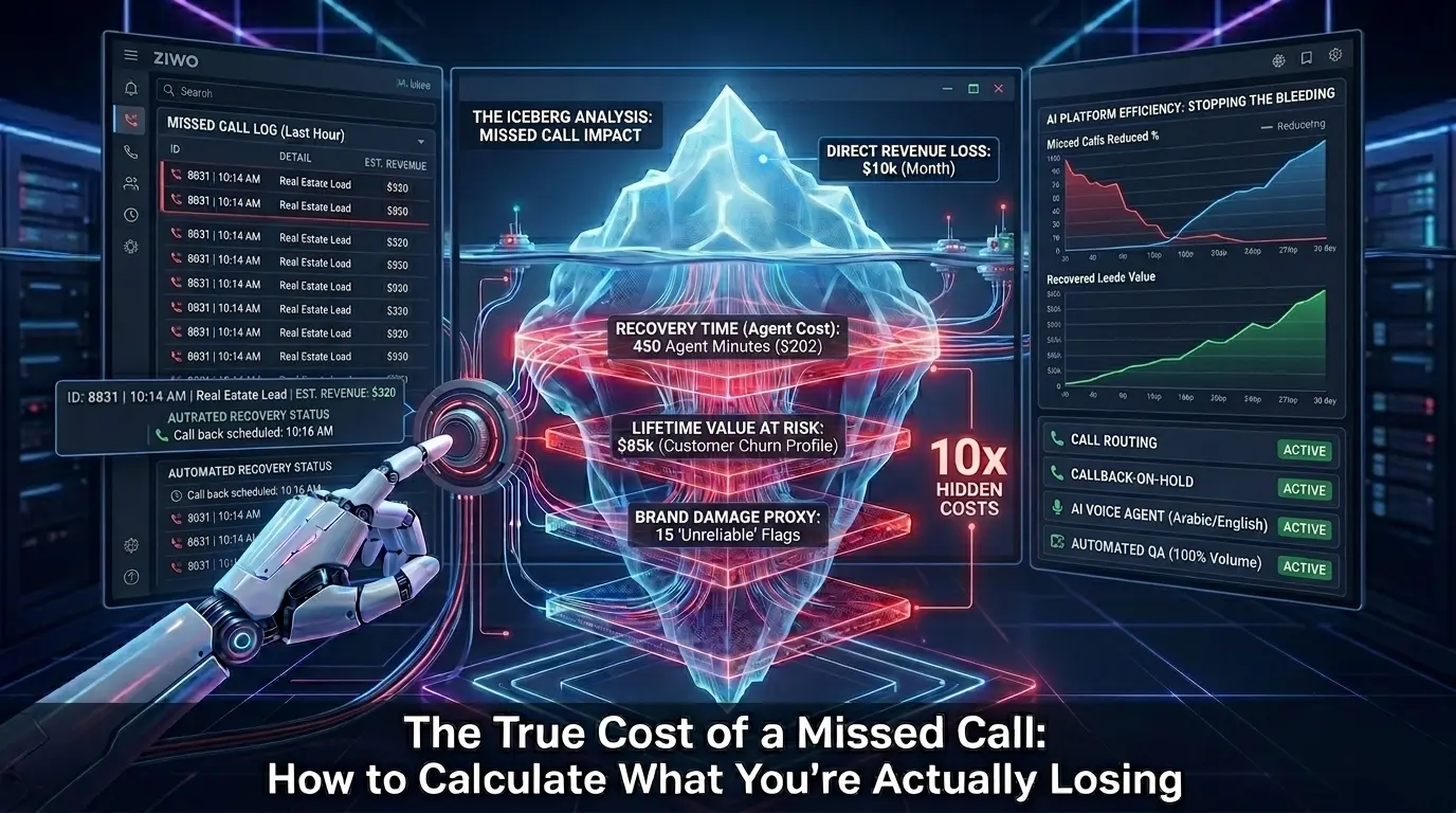 AI-powered dashboard visualizing the hidden business costs of missed calls, including revenue loss, recovery effort, customer churn risk, and automated call recovery analytics.