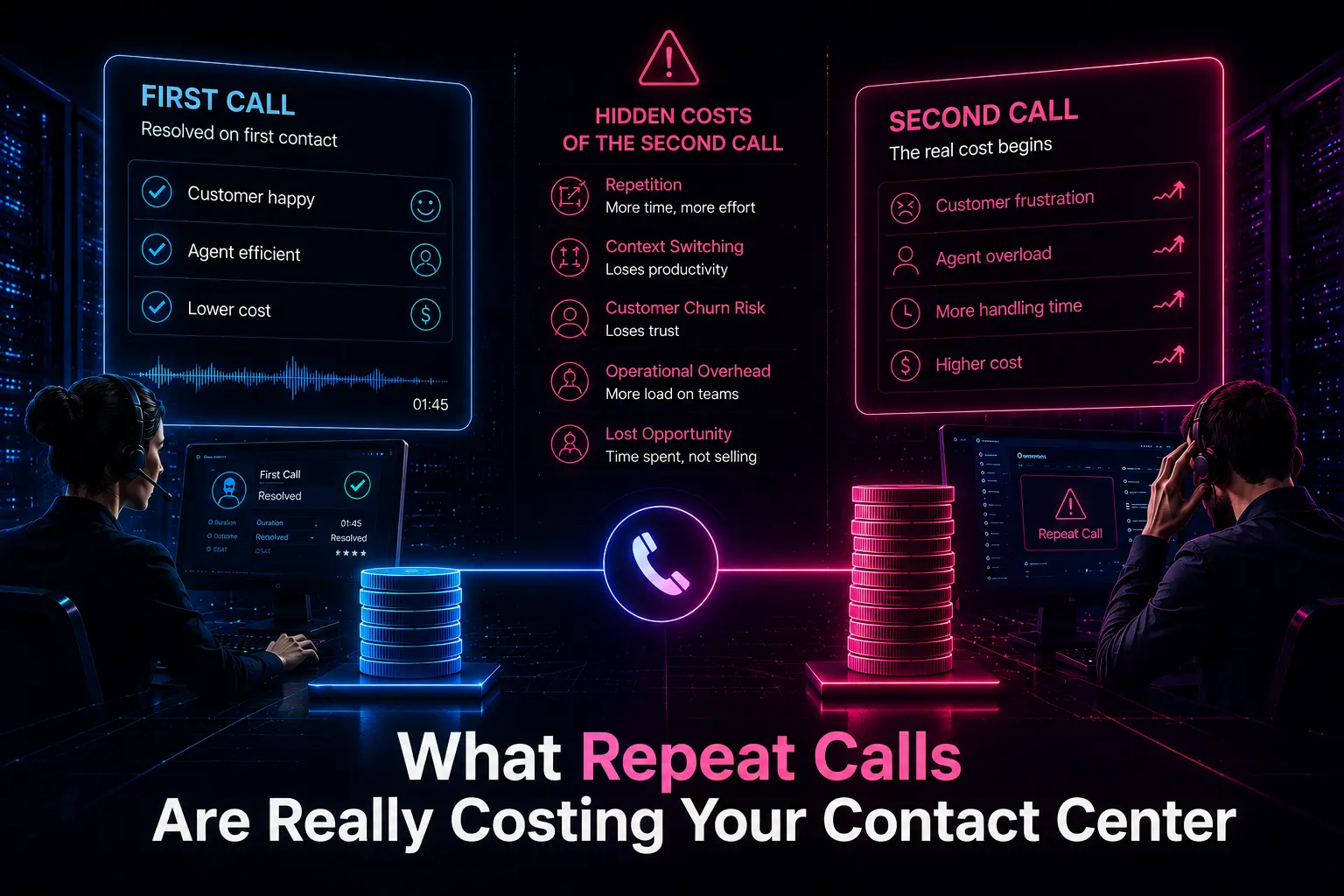 Infographic showing the hidden costs of repeat calls in a contact center compared to first-call resolution.